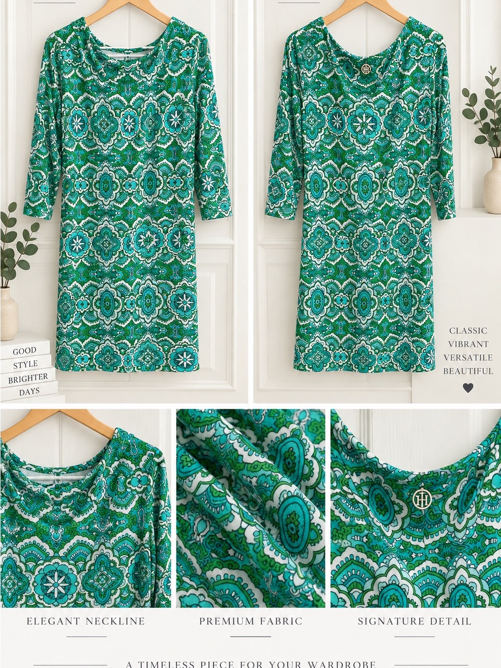 Tommy Hilfiger Green Patterned Shift Dress with Signature Emblem